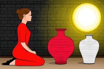 Poster - Expressive Vintage Comic Art Illustration of a Woman in a Red Dress Kneeling Beside Two Vases with Dramatic Lighting Effects