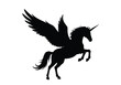 © CreativeDesign - Flying unicorn silhouette. This image features a black silhouette of a winged unicorn, also called a Pegasus unicorn, gracefully soaring through the air. Vector clipart illustration design.