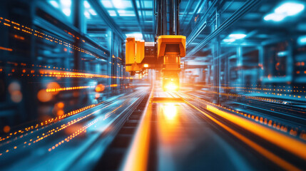 Poster - A robot is seen in a factory with a bright orange light. The robot is surrounded by a blurry background, giving the impression of motion and speed