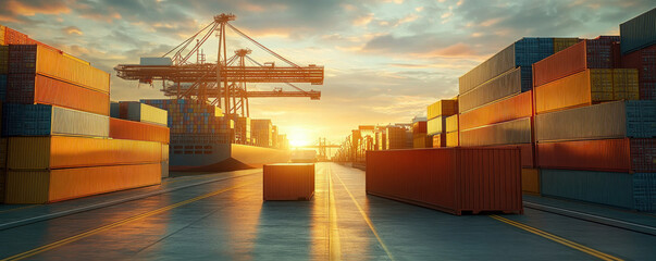 Poster - A large container ship is docked at a port with a large number of containers stacked up around it. The scene is set at sunset, creating a warm and peaceful atmosphere