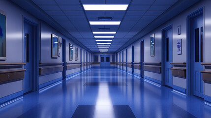 Poster - A long hallway with blue walls and blue floors. The hallway is empty and the lights are on