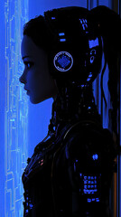 Poster - A woman in a futuristic outfit with blue and black colors. She is wearing headphones and has a futuristic look