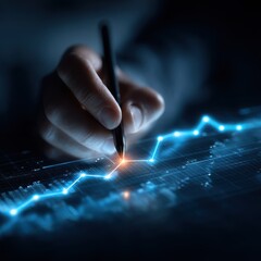  - A hand draws glowing digital graphs on a futuristic touchscreen, symbolizing data analysis, technology, and financial growth.