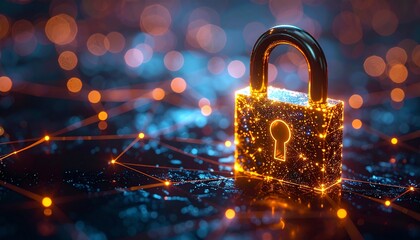 Poster - a glowing padlock symbolizes cybersecurity amidst a network of interconnected data points, represent