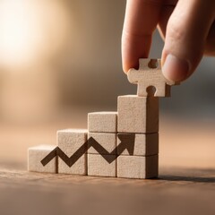Poster - A hand places a puzzle piece atop stacked blocks with an upward arrow, symbolizing growth, progress, and achieving goals.
