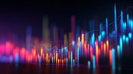 - A colorful digital chart with glowing bars and lines represents data analysis and financial growth on a dark background.