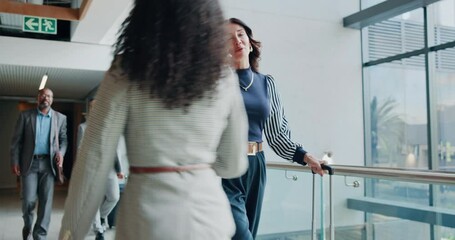 Poster - Phone call, suitcase and travel with business woman at conference for B2b manager, seminar speaker and contact. Convention center, walking and networking with person in lobby for event and expo