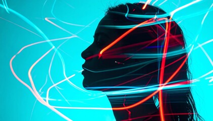 Poster - A silhouette of a woman with vibrant light trails creating a dynamic, artistic effect against a blue background