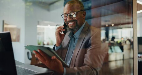 Poster - Phone call, glass and business man on tablet for discussion, contact and finance consulting. Corporate manager, office and worker on smartphone for communication, financial planning and proposal deal