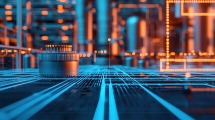 Poster - Futuristic Digital Circuit Board with Glowing Lines in Industrial Environment