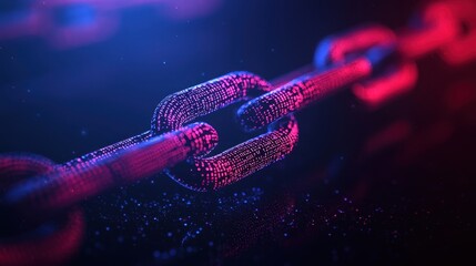 Poster - Colorful digital link in technology network with glowing particles and abstract background in blue and pink tones