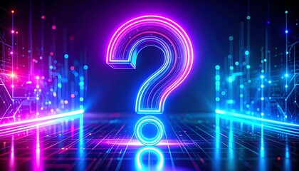 Poster - A vibrant neon question mark surrounded by glowing lights and digital patterns, creating a futuristic and mysterious atmosphere