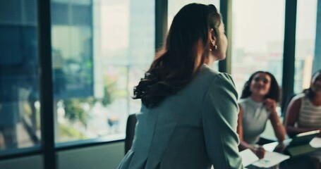 Aufkleber - Businesswoman, tablet and walking to meeting in office for financial presentation, budget review and feedback. Finance employee, woman and digital report for company revenue, stats analysis or update
