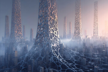 Poster - Futuristic city skyline with intricate lattice structures.