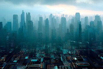 Poster - Futuristic city skyline shrouded in mist.