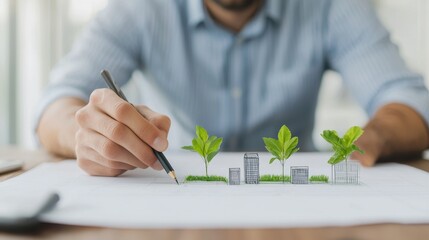 Poster - Man Drawing Architectural Design with Green Plants Representing Sustainability and Urban Development Concept