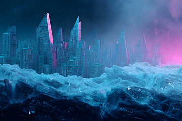 Poster - Futuristic city nestled in a crystalline landscape.