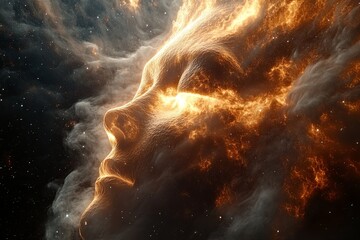 Poster - Portrait of a celestial figure emerging from vibrant cosmic clouds in deep space