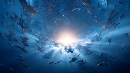 Fototapete - Abstract Blue Space Background with Light Rays and Digital Particles