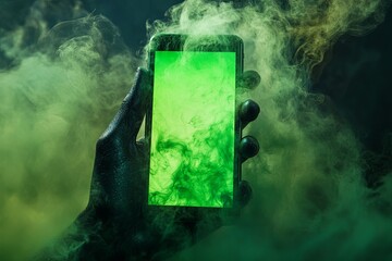 Poster - Hand holds smartphone emitting green smoke in a dark environment with a surreal atmosphere suitable for modern technology