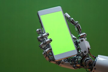 Poster - Robot hand holding smartphone with green screen in a technology-themed setting during daytime