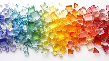 Poster - Vibrant colored glass fragments arranged in a rainbow spectrum across a white background showcasing a blend of hues