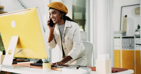 Aufkleber - Smile, woman and typing on computer with phone call for discussion, questions and schedule story. Female journalist, talking and mobile for media news, article feedback and information of publication