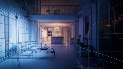 Aufkleber - Detailed architectural wireframe rendering of a modern home interior with kitchen