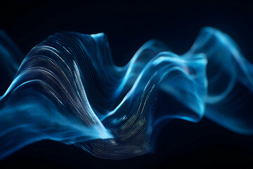 Poster - Abstract digital design of flowing, blue, wave-like forms.