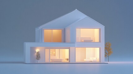 Aufkleber - Minimalist house model with glowing warm light from windows and a small tree nearby