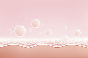 Poster - Abstract illustration of skin layers with hexagonal structures floating above, showcasing a soft pink gradient background, representing beauty and skincare concepts in a modern design