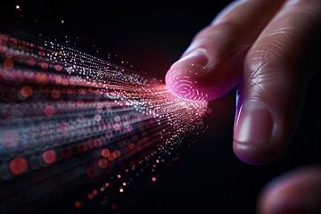 Poster - Digital fingerprint illuminates data in a futuristic setting with vibrant lights and flowing particles