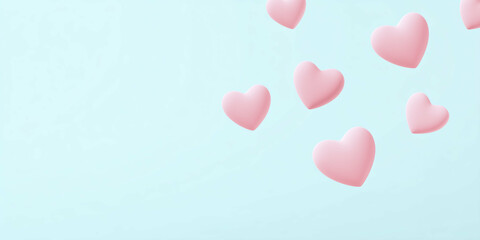 Poster - Floating pink hearts on a soft blue background create a whimsical and romantic atmosphere, perfect for expressing love and affection in various design projects