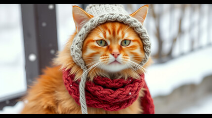 ginger cat stays warm in the winter with a knitted hat and scarf, making the cold snow outside a lit