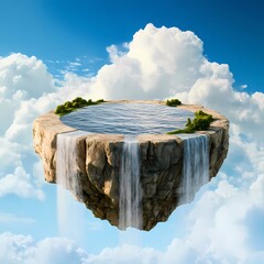 Aufkleber - 青い空と白い雲の中の浮遊島 滝と緑豊かな植物が生い茂る立方体の島