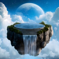 Aufkleber - 青い空に浮かぶ島 滝と星空の背景 美しいファンタジー風景 穏やかな水の反射と緑豊かな植物が生い茂る浮遊島 自然の驚異と平和な空間