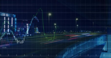Poster - Elevated highway streaming light trails beneath financial candlestick chart overlay in flat design