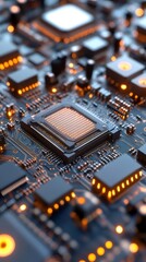 Poster - クローズアップされたオレンジ色のライトと複雑な詳細を示す回路基板の電子技術の抽象的なマクロショット