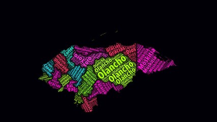 Poster - Honduras Intro Video. Regions Word Clouds Animation. Honduras regions names in Spanish language fading in on a black background. Country building of territory names video. Artistic animation.