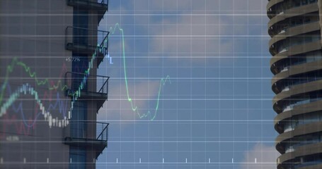 Aufkleber - overlaying 3d financial chart on urban skyline featuring grid and line graphs above towers