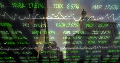 Aufkleber - stock market data being displayed over city street, pedestrian figure walking under green graphs