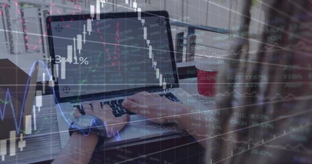Poster - Man typing on laptop at wooden desk, with animated financial charts and candlestick graphs floating