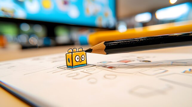 Close-up of a Pencil Sketching a Yellow Block Character on a Sketchbook Page