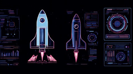Poster - Neon Rocket Launch Dashboard: Space Exploration and Data Visualization Concept