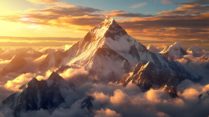 Aufkleber - 夕暮れの雪をかぶった山の頂上 黄金色の雲がたなびく息をのむような眺め