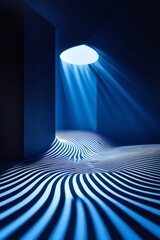 Aufkleber - 青い光が差し込む抽象的な部屋のベッド 建築内部ミニマルな幾何学的デザイン パターンと影 静けさを醸し出す現代的なインテリア