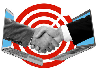 Poster - Businessmen shaking hands through laptops, collage style on white background with red target graphic, symbolizing virtual partnership and online deal