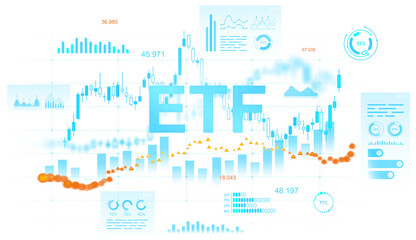 Poster - ETF trading interface with candlestick chart, data infographics, and performance metrics in a clean graphic style on white background, finance concept