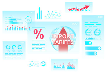 Poster - Economic infographic showing import tariffs increase with percentage symbol, charts, and bars in a digital layout on isolated white background