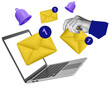© ImageFlow - Yellow envelopes with notifications, a hand, and purple bells over a laptop screen in collage style on white background. Concept of digital communication